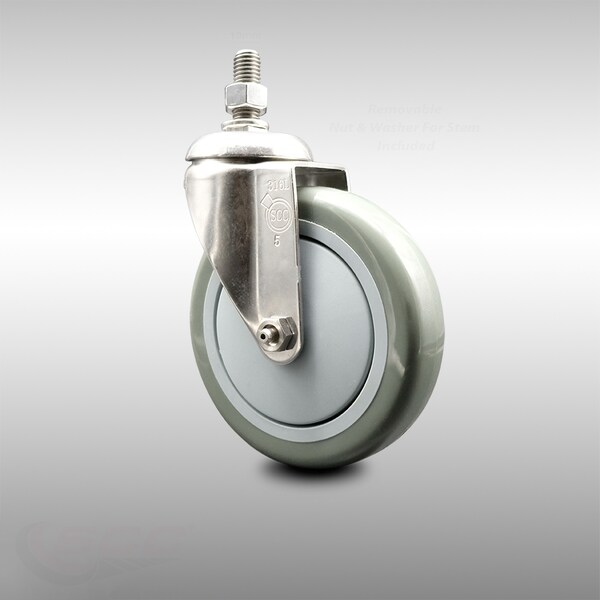 5 Inch 316SS Gray Polyurethane Wheel Swivel 10mm Threaded Stem Caster SCC